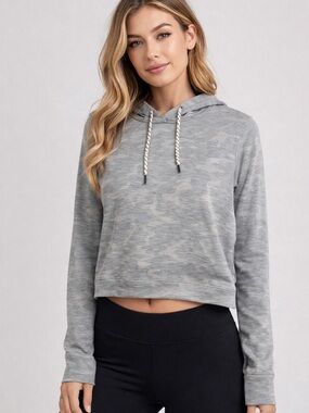 Gray Camo Cropped Hoodie Athleisure Lightweight Stretch Comfy